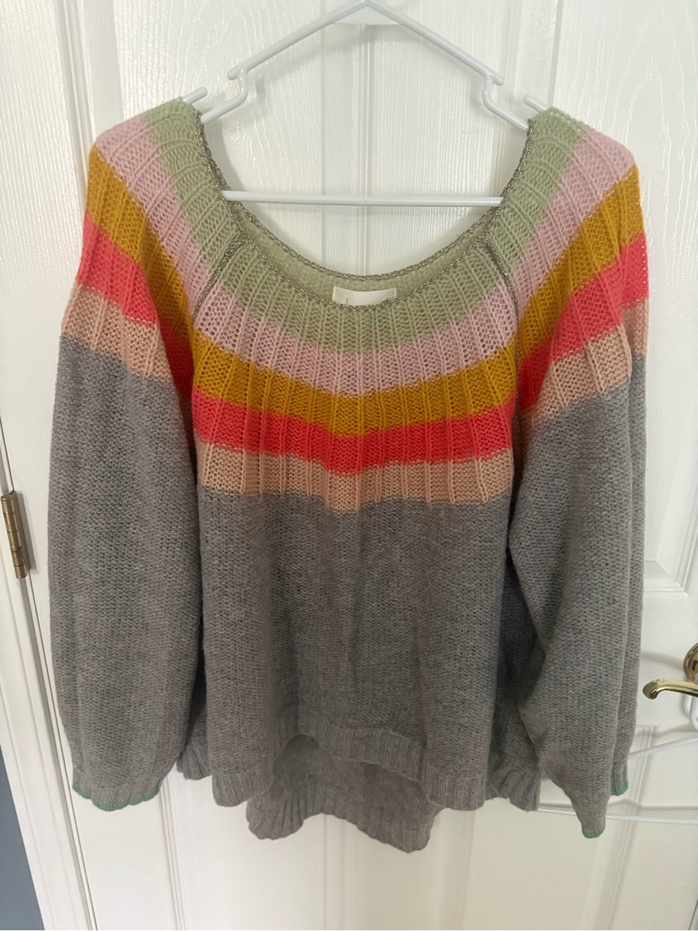 Women's Plus Size Grey Stripe Yoke Sweater with Multicolor Accents